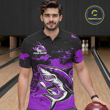 Load image into Gallery viewer, Custom Black And Purple Camo Shark Bowling Team Men Polo Shirts, Bowling Tournament Shirt IPHW8997