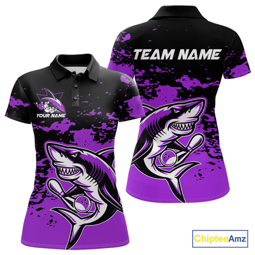 Custom Black And Purple Camo Shark Bowling Women Polo Shirts, Bowling Tournament Shirt IPHW8997