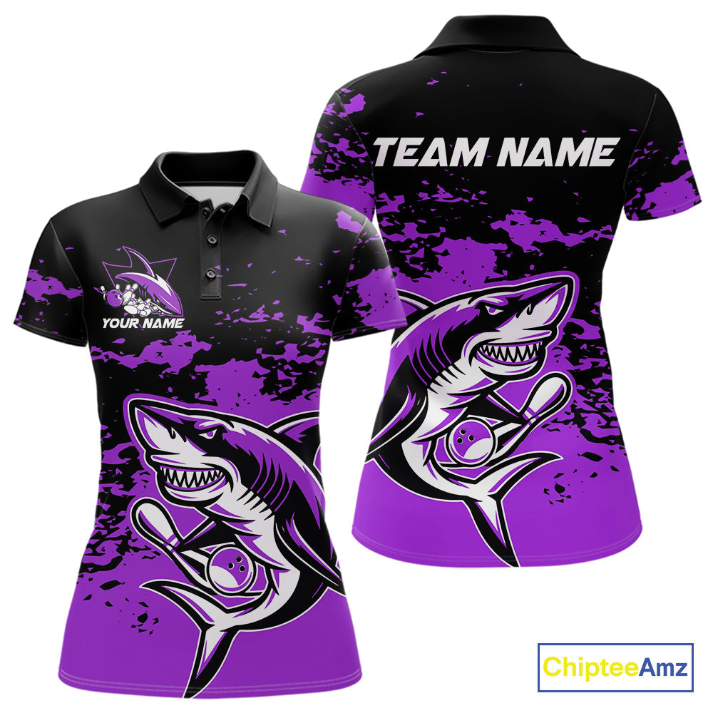 Custom Black And Purple Camo Shark Bowling Women Polo Shirts, Bowling Tournament Shirt IPHW8997