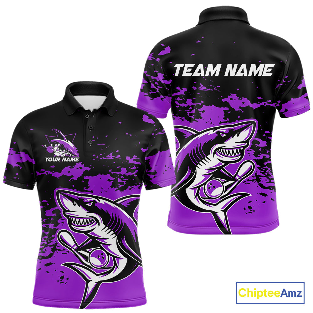 Custom Black And Purple Camo Shark Bowling Team Men Polo Shirts, Bowling Tournament Shirt IPHW8997