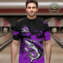 Load image into Gallery viewer, Custom Black And Purple Camo Shark Bowling Team Men Quarter-Zip Shirts, Bowling Tournament Shirt IPHW8997