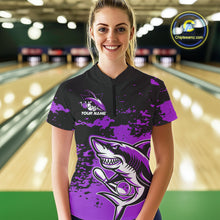 Load image into Gallery viewer, Custom Black And Purple Camo Shark Bowling Women Quarter-Zip Shirt, Tournament Shirt IPHW8997