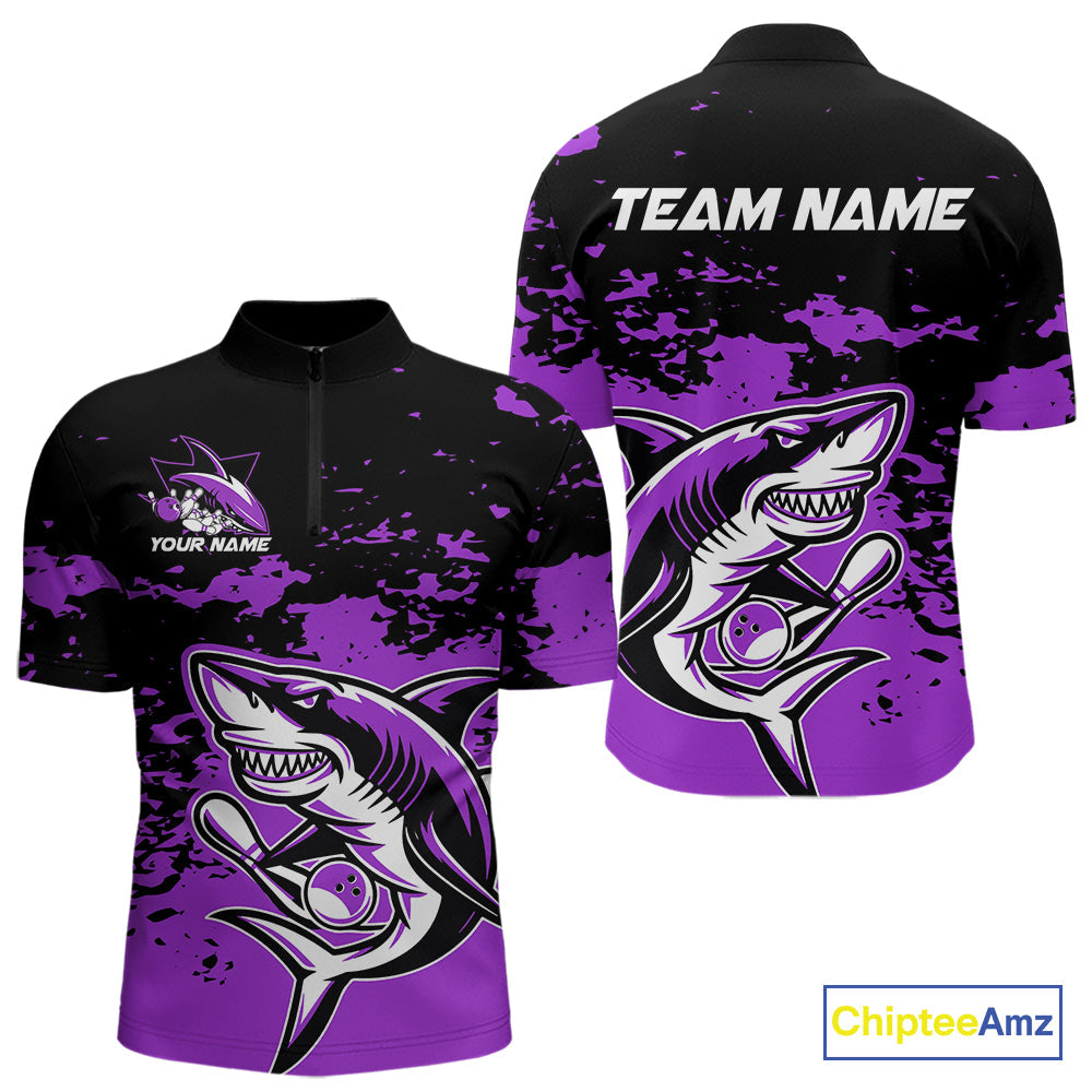 Custom Black And Purple Camo Shark Bowling Team Men Quarter-Zip Shirts, Bowling Tournament Shirt IPHW8997