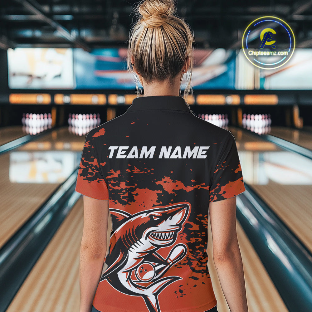 Custom Black And Ornage Camo Shark Bowling Women Polo Shirts, Bowling Tournament Shirt IPHW8998