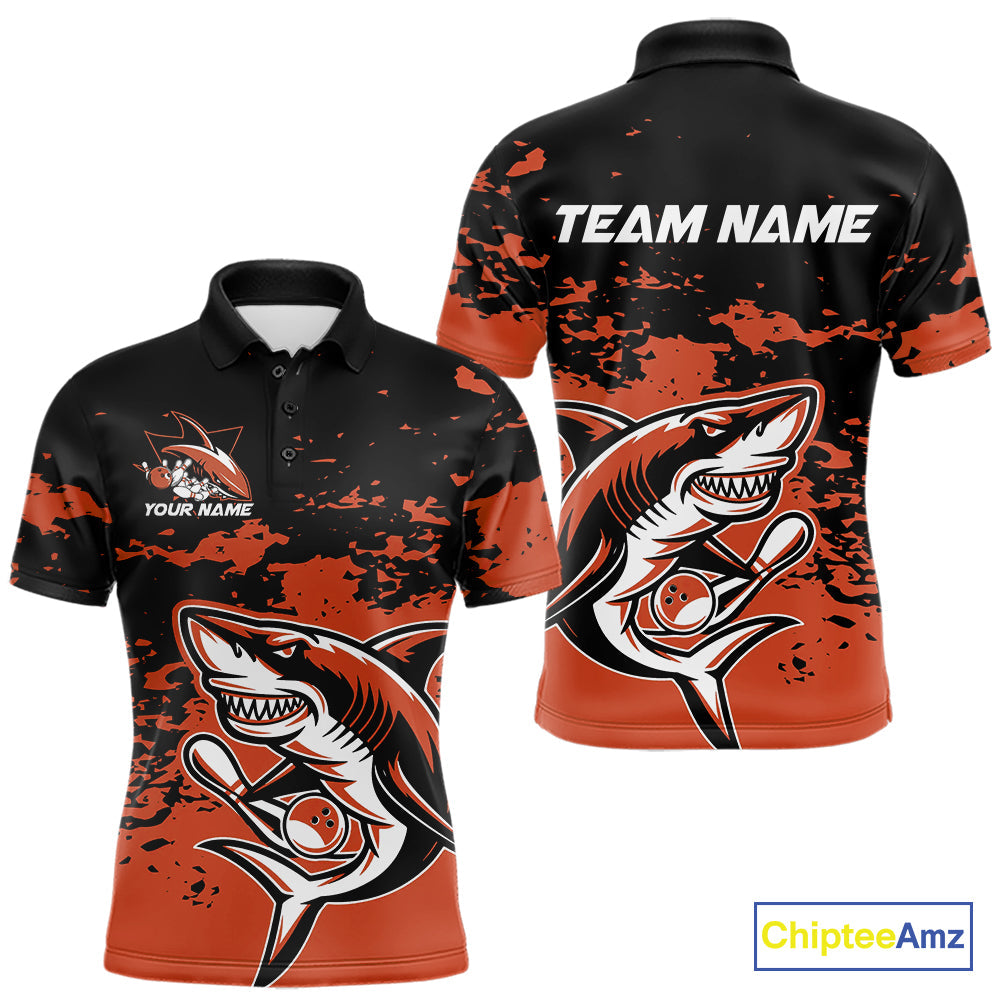 Custom Black And Ornage Camo Shark Bowling Team Men Polo Shirts, Bowling Tournament Shirt IPHW8998