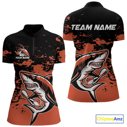 Custom Black And Ornage Camo Shark Bowling Women Quarter-Zip Shirt, Tournament Shirt IPHW8998