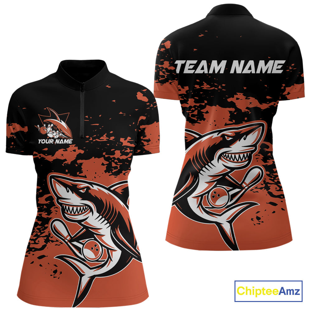 Custom Black And Ornage Camo Shark Bowling Women Quarter-Zip Shirt, Tournament Shirt IPHW8998