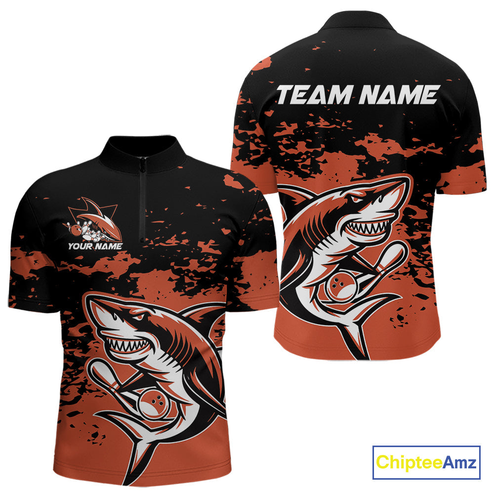 Custom Black And Ornage Camo Shark Bowling Team Men Quarter-Zip Shirts, Bowling Tournament Shirt IPHW8998