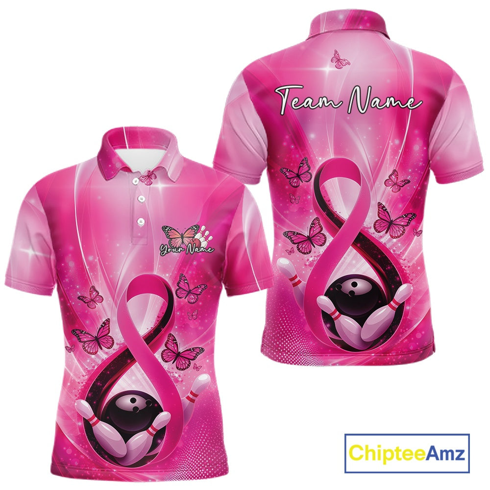 Front and back mens bowling polo mockup featuring a pink awareness ribbon wrapped around a bowling ball with butterflies and bowling pins.