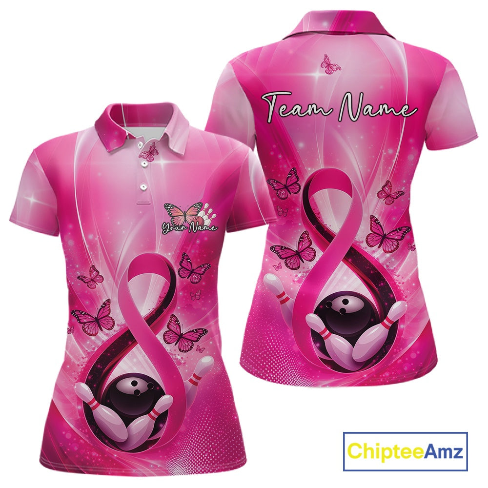 Front and back womens bowling polo featuring a pink awareness ribbon wrapped around a bowling ball with butterflies and bowling pins.