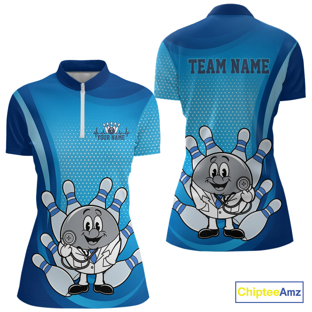 Custom Blue Doctor Bowling Quarter-Zip Shirts For Women, Funny Doctor Bowling Jerseys IPHW9235