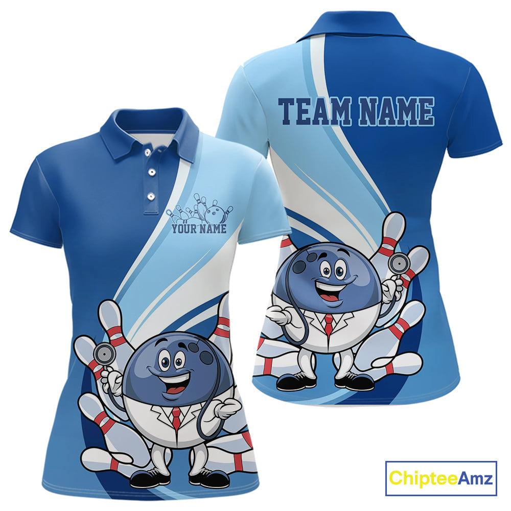 Custom Blue Doctor Bowling Polo Shirts For Women, Funny Doctor Bowling Jerseys IPHW9239