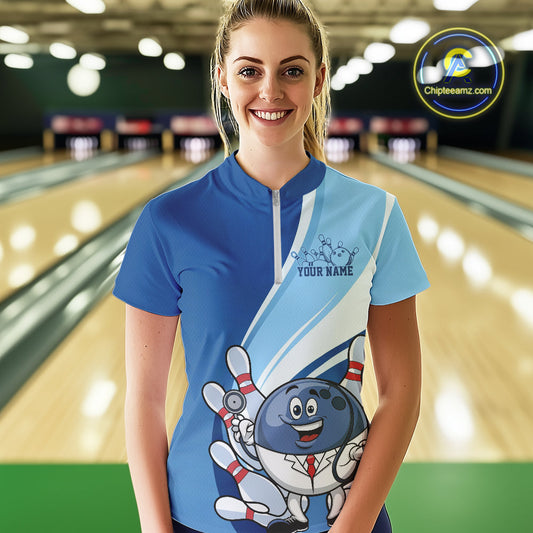 Custom Blue Doctor Bowling Quarter-Zip Shirts For Women, Funny Doctor Bowling Jerseys IPHW9239