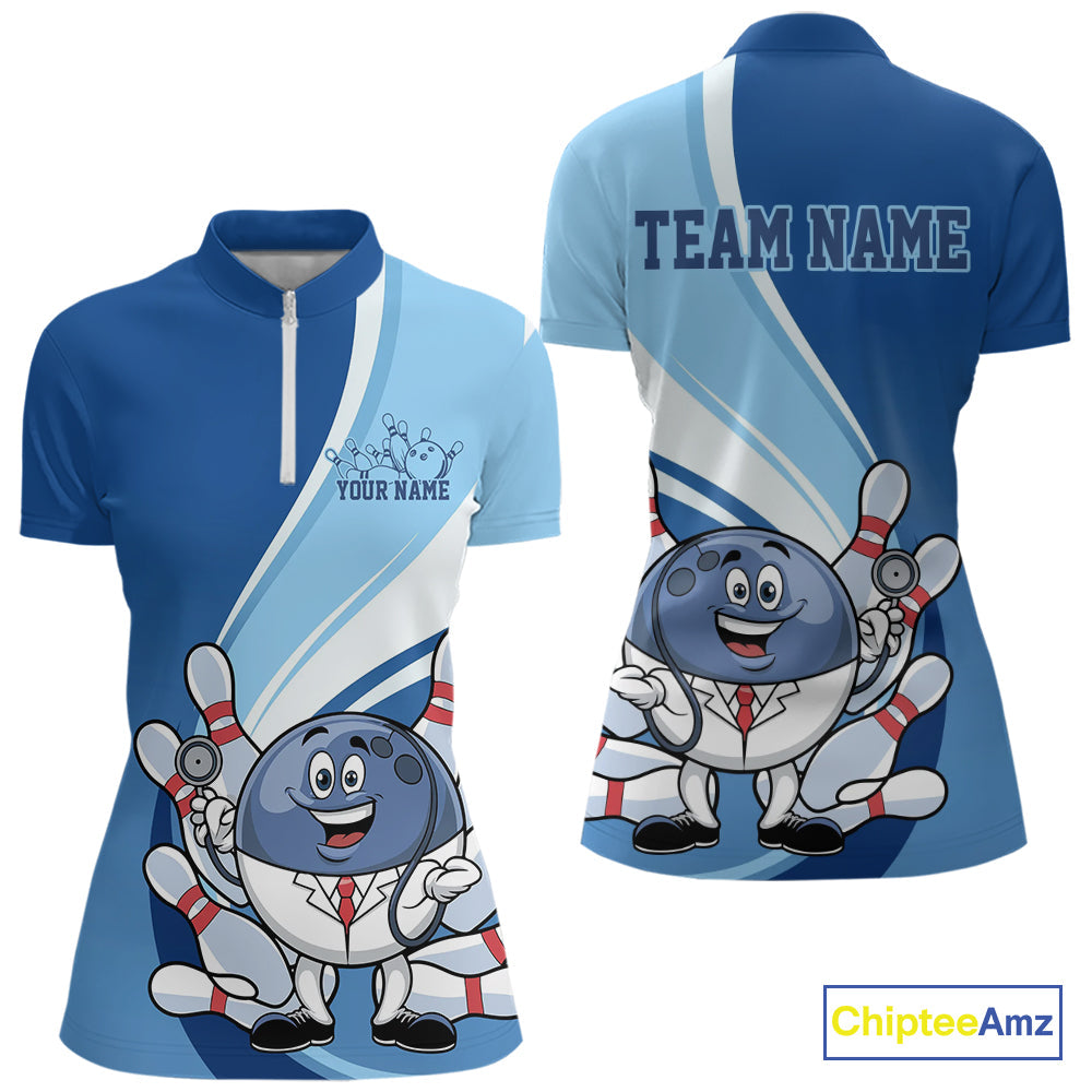 Custom Blue Doctor Bowling Quarter-Zip Shirts For Women, Funny Doctor Bowling Jerseys IPHW9239