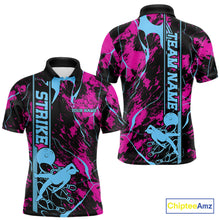 Load image into Gallery viewer, Custom Blue And Pink Strike Bowling Polo Team Shirts For Men, Strike Bowling Jersey IPHW9242