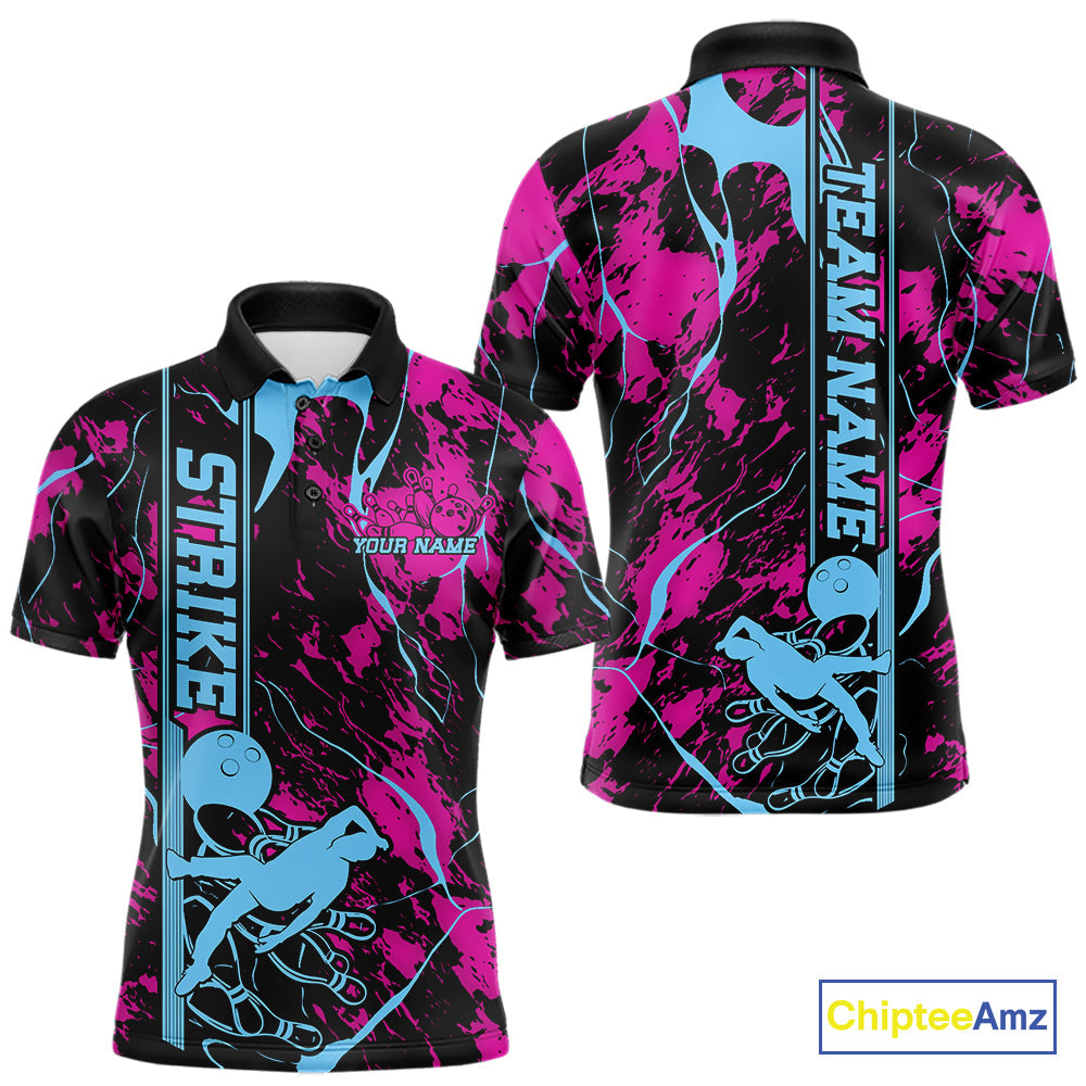 Custom Blue And Pink Strike Bowling Polo Team Shirts For Men, Strike Bowling Jersey IPHW9242