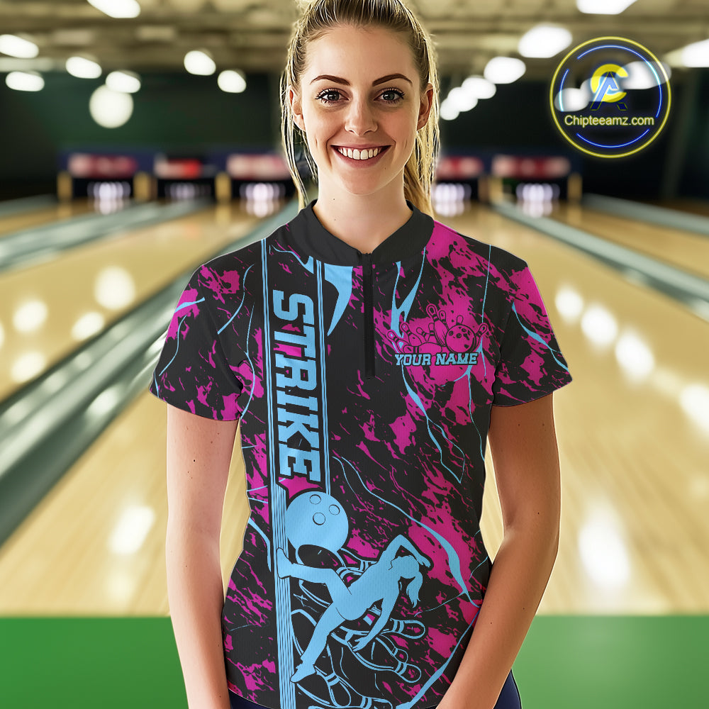 Custom Blue And Pink Strike Bowling Women Quarter-Zip Team Shirts, Strike Bowling Jersey IPHW9242