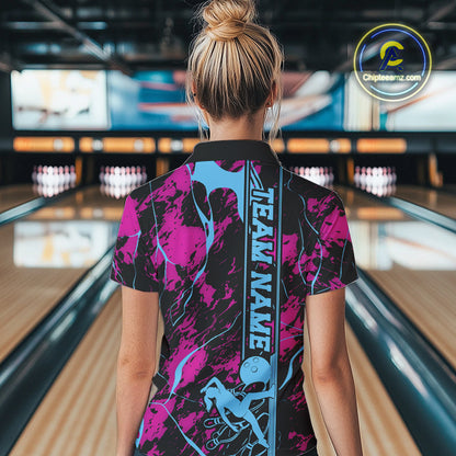 Custom Blue And Pink Strike Bowling Women Quarter-Zip Team Shirts, Strike Bowling Jersey IPHW9242