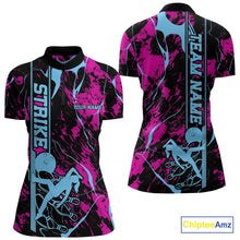 Load image into Gallery viewer, Custom Blue And Pink Strike Bowling Women Quarter-Zip Team Shirts, Strike Bowling Jersey IPHW9242