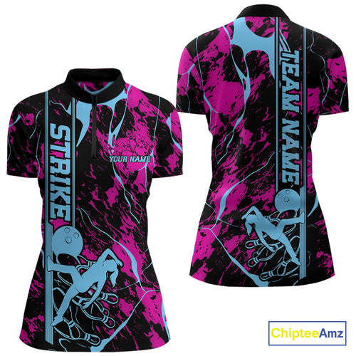Custom Blue And Pink Strike Bowling Women Quarter-Zip Team Shirts, Strike Bowling Jersey IPHW9242