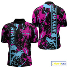 Load image into Gallery viewer, Custom Blue And Pink Strike Bowling Quarter-Zip Team Shirts For Men, Strike Bowling Jersey IPHW9242
