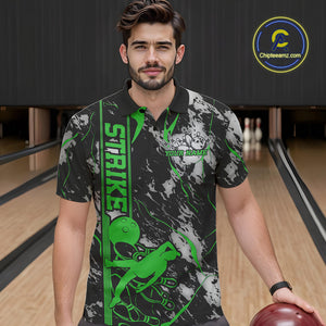 Custom Green And Gray Camo Strike Bowling Polo Team Shirts For Men, Strike Bowling Jersey IPHW9243