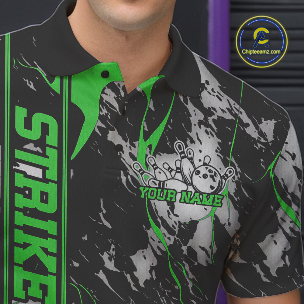 Custom Green And Gray Camo Strike Bowling Polo Team Shirts For Men, Strike Bowling Jersey IPHW9243