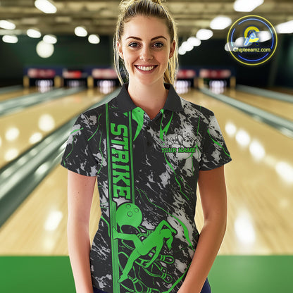 Custom Green And Gray Camo Strike Women Bowling Polo Team Shirts, Strike Bowling Jersey IPHW9243
