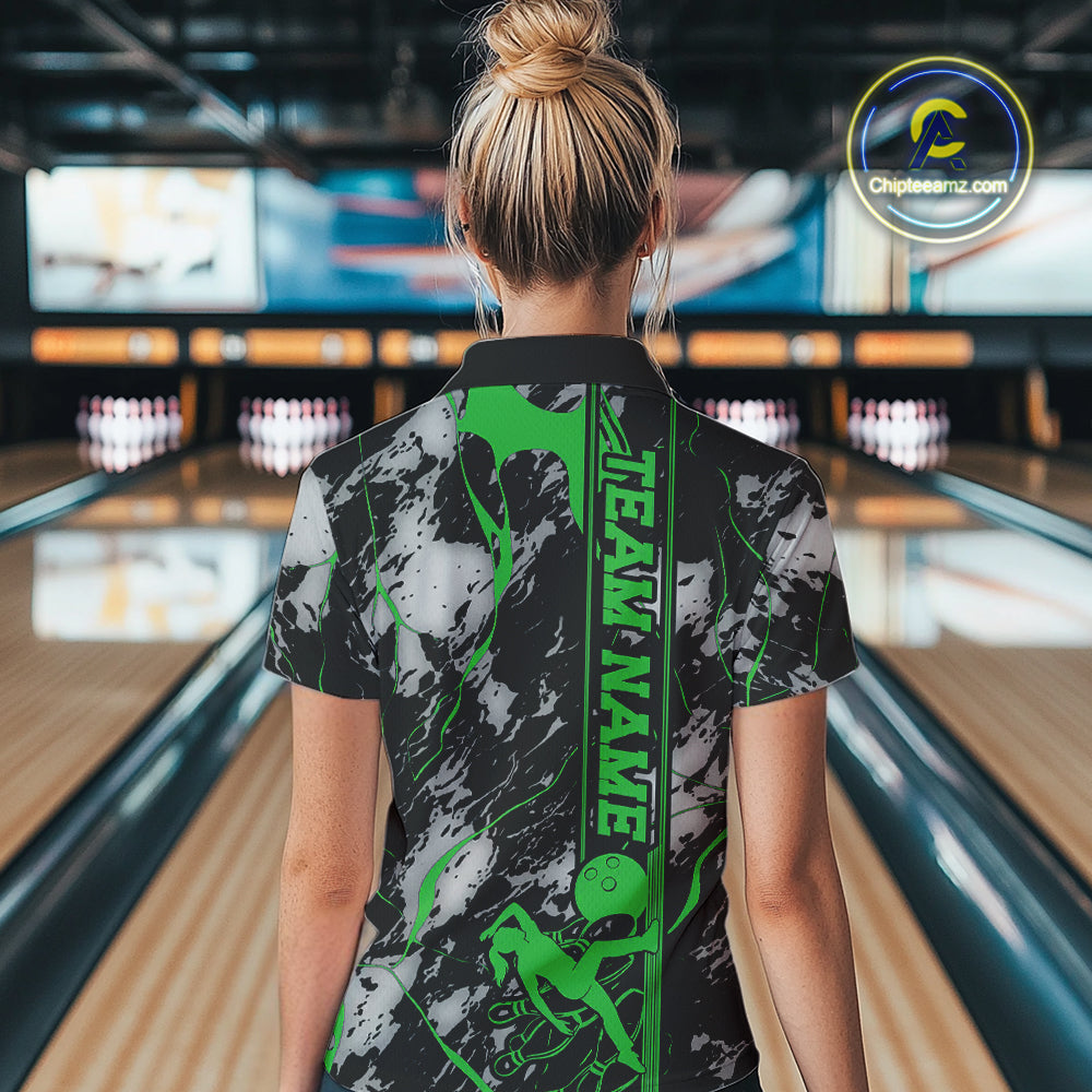 Custom Green And Gray Camo Strike Women Bowling Polo Team Shirts, Strike Bowling Jersey IPHW9243