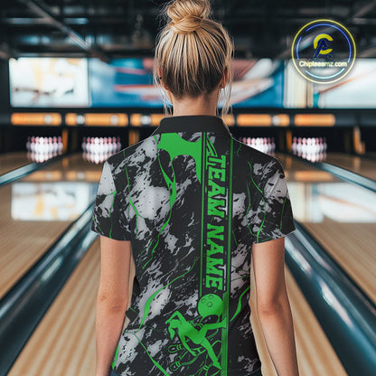Custom Green And Gray Camo Strike Women Bowling Polo Team Shirts, Strike Bowling Jersey IPHW9243