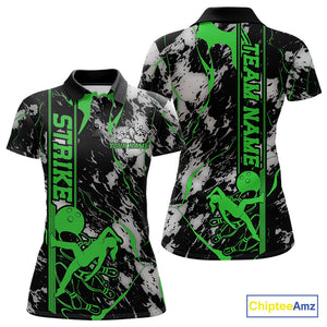 Custom Green And Gray Camo Strike Women Bowling Polo Team Shirts, Strike Bowling Jersey IPHW9243