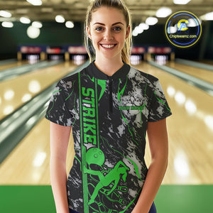 Custom Green And Gray Camo Strike Bowling Women Quarter-Zip Team Shirts, Bowling Jersey IPHW9243