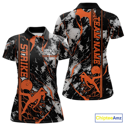 Custom Orange And Gray Camo Strike Bowling Women Polo Team Shirts, Strike Bowling Jersey IPHW9244
