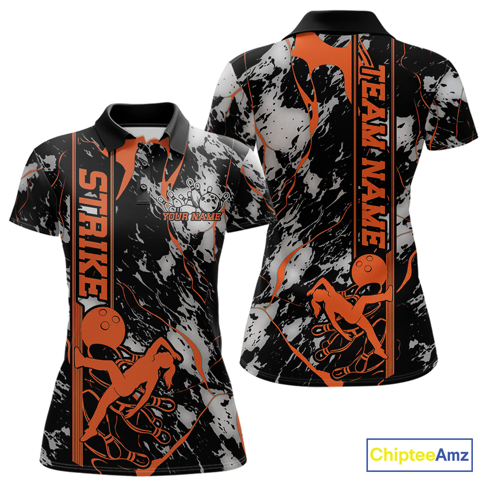 Custom Orange And Gray Camo Strike Bowling Women Polo Team Shirts, Strike Bowling Jersey IPHW9244