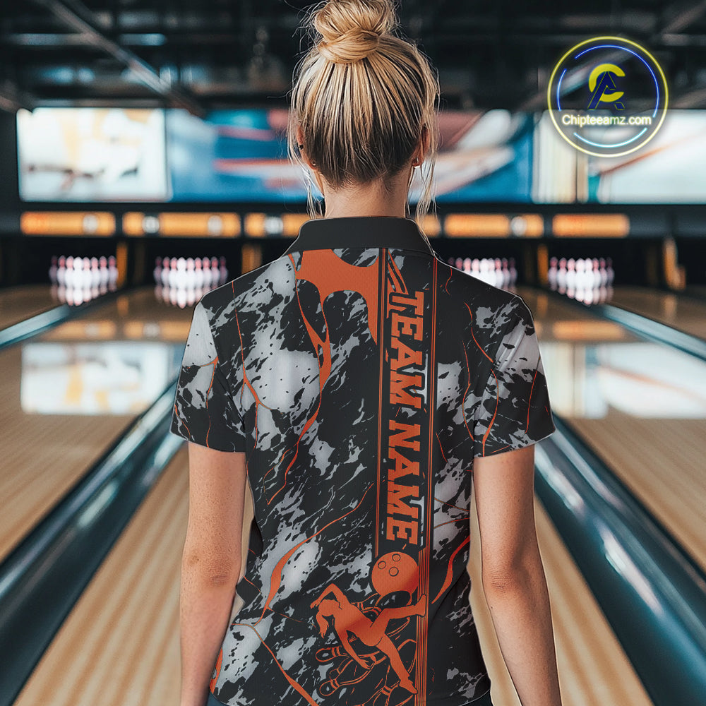 Custom Orange And Gray Camo Strike Bowling Women Quarter-Zip Team Shirts, Bowling Jersey IPHW9244