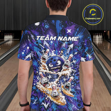 Load image into Gallery viewer, Back view of a male model in a bowling lane wearing a blue and purple bowling polo shirt featuring a blue monster bowling ball leading monster bowling pins holding overflowing beer mugs with energetic graffiti-style splatter artwork.