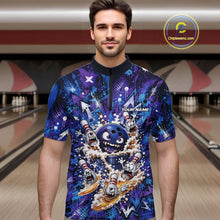Load image into Gallery viewer, Front view of a male model in a bowling lane wearing a blue and purple bowling quarter-zip shirt showcasing a blue monster bowling ball leading monster bowling pins holding overflowing beer mugs with colorful graffiti-style splatter artwork.