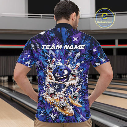 Male model wearing a blue and purple bowling quarter-zip shirt at a bowling lane, displaying a blue monster bowling ball leading monster bowling pins with overflowing beer mugs and bold graffiti-style splatter graphics.