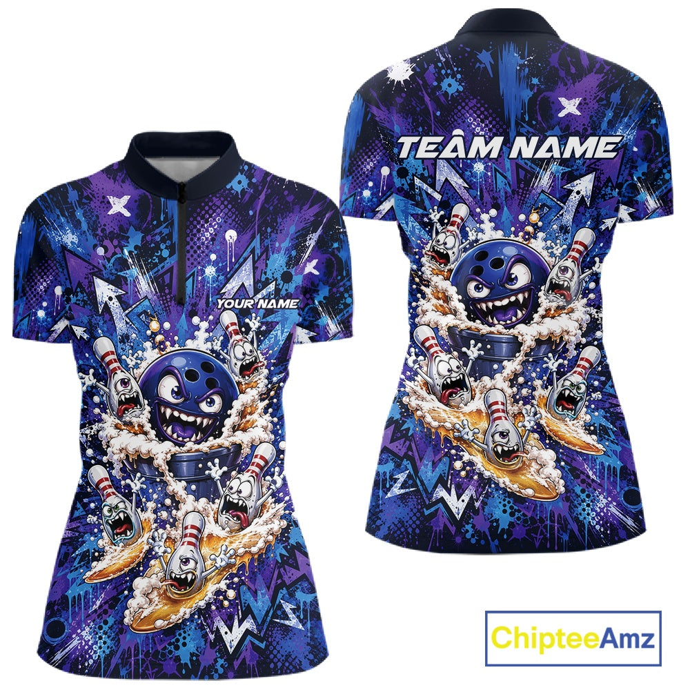 Front and back view of a blue and purple women's bowling quarter-zip shirt displaying a blue monster bowling ball leading monster bowling pins holding overflowing beer mugs with bold graffiti-style splatter artwork.