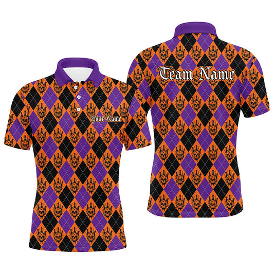 Orange And Purple Argyle Pattern Custom Skull Halloween Bowling Shirts For Men Bowlers Outfits IPHW7302