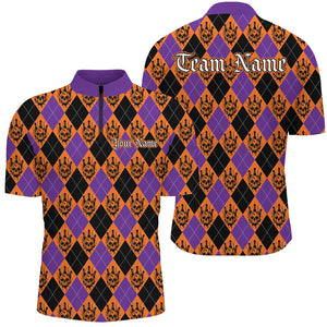 Orange And Purple Argyle Pattern Custom Skull Halloween Bowling Shirts For Men Bowlers Outfits IPHW7302