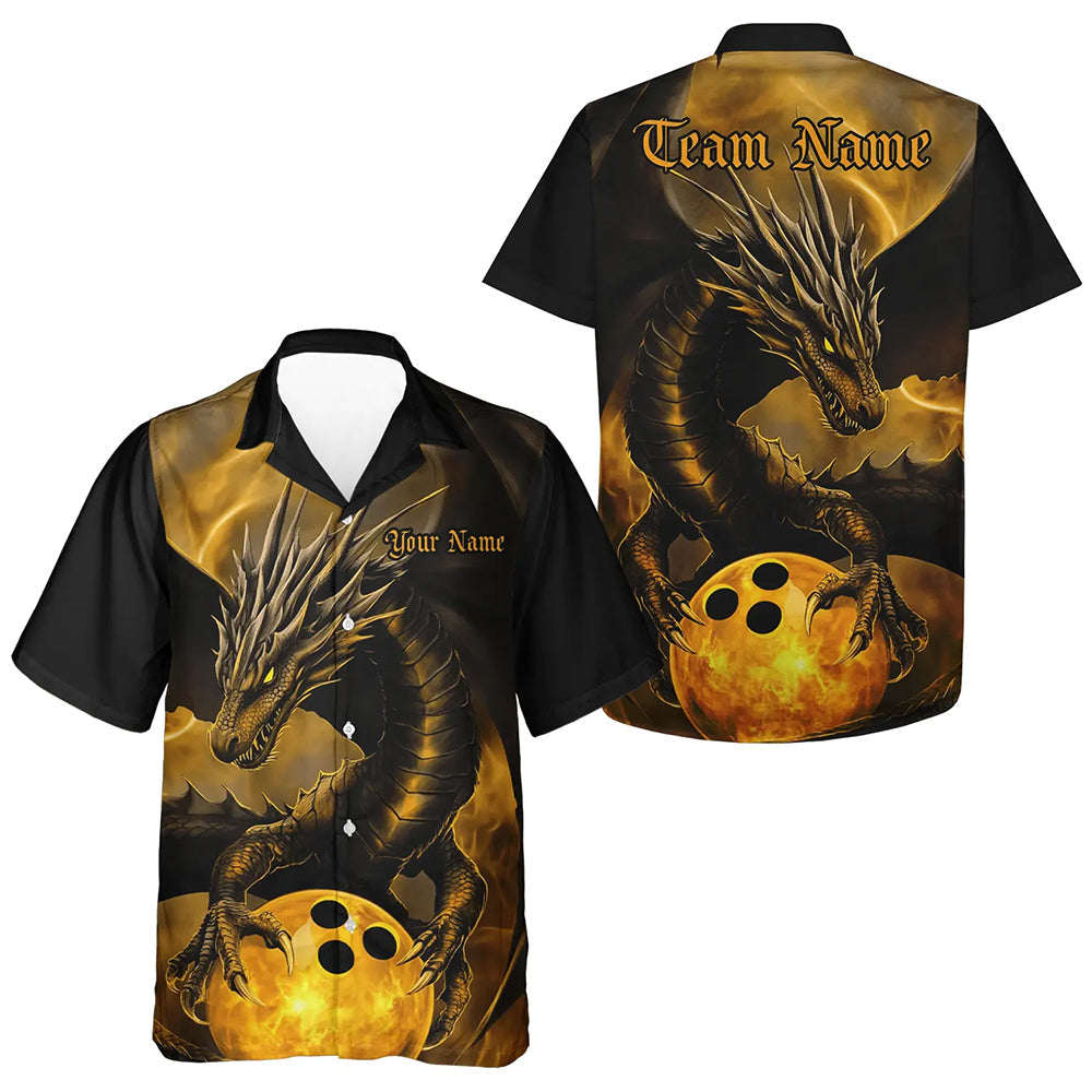 Black And Gold Custom Dragon Bowling Men Hawaiian Shirts, Dragon Bowling League Shirts Outfits IPHW7308