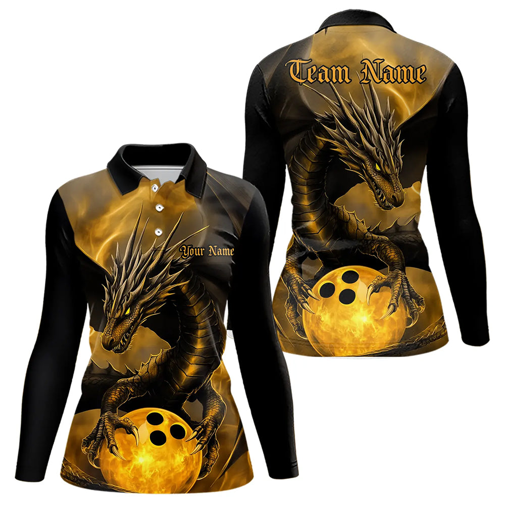 Black And Gold Custom Dragon Bowling Women Long Sleeve Polo Shirts, Bowling League Shirts IPHW7308