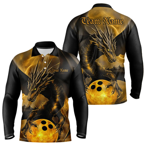 Black And Gold Custom Dragon Bowling Men Long Sleeve Polo Shirt, Dragon Bowling League Shirts Outfits IPHW7308
