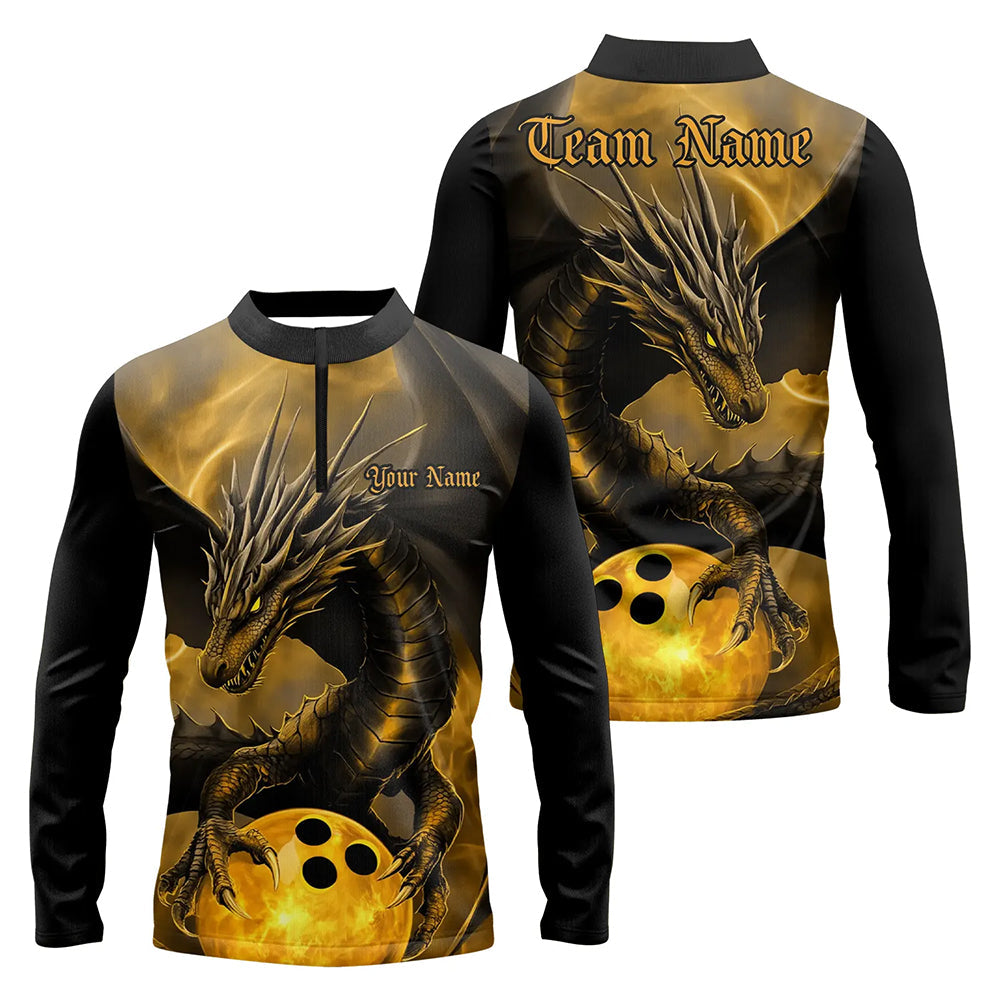 Black And Gold Custom Dragon Bowling Men Long Sleeve Quarter-Zip Shirts, Bowling League Shirts IPHW7308