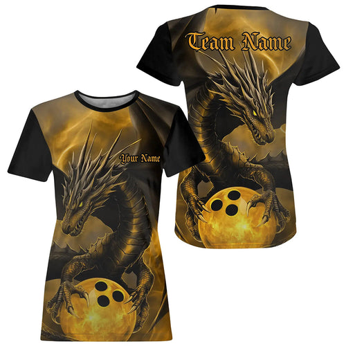 Black And Gold Custom Dragon Bowling Women T-Shirts Shirts, Dragon Bowling League Outfits IPHW7308