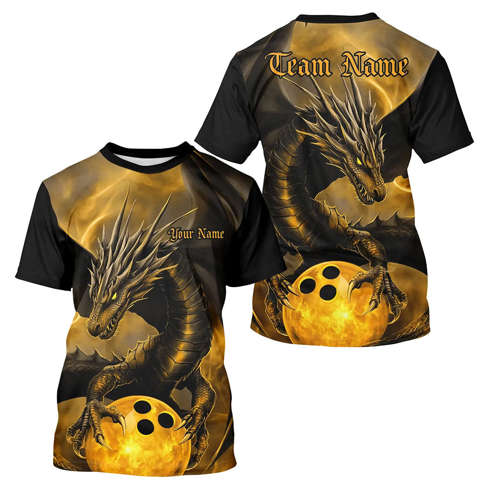 Black And Gold Custom Dragon Bowling Men T-Shirts Shirts, Dragon Bowling League Outfits IPHW7308