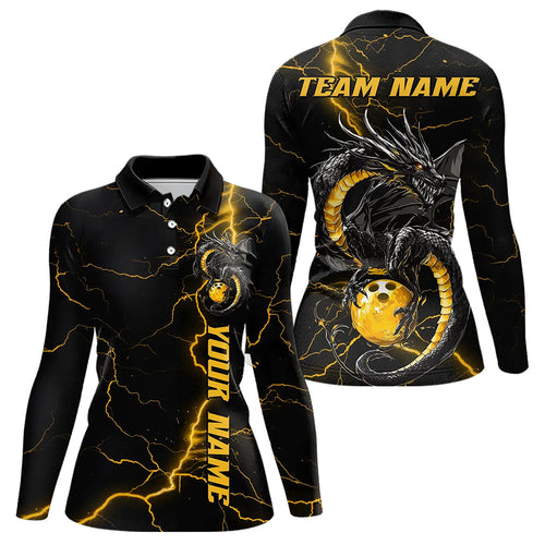 Custom Black And Gold Thunder Lightning Custom Dragon Bowling Women Long Sleeve Polo Shirts  IPHW7309