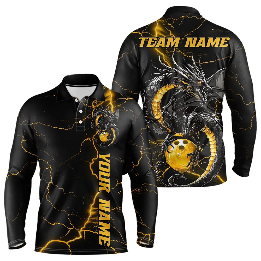 Custom Black And Gold Thunder Lightning Custom Dragon Bowling Men Long Sleeve Polo Team Shirts  IPHW7309
