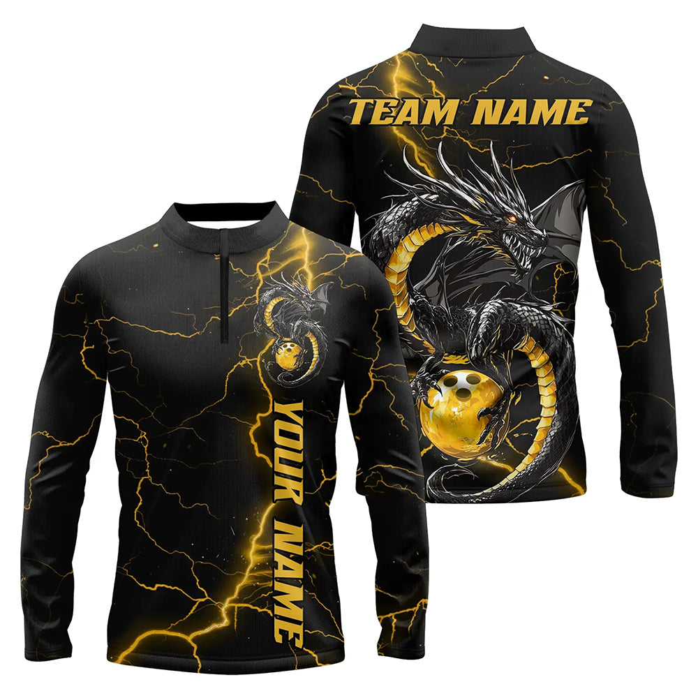 Custom Black And Gold Thunder Lightning Dragon Bowling Men Long Sleeve Quarter-Zip Shirts Outfits  IPHW7309